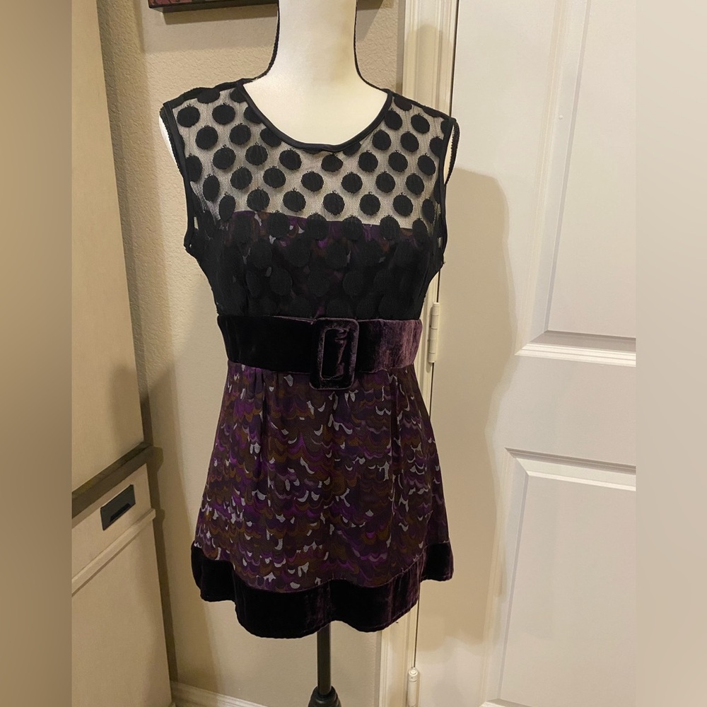 NWOT “NANETTE LEPORE” PURPLE VELVET BLACK POLKA DOT SLEEVELESS TOP – SZ 6